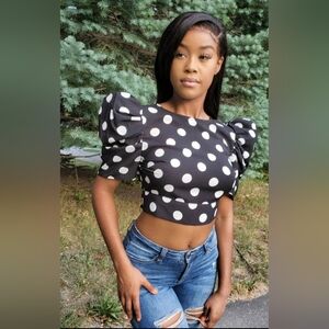 Black and White Puff Sleeve Crop Blouse